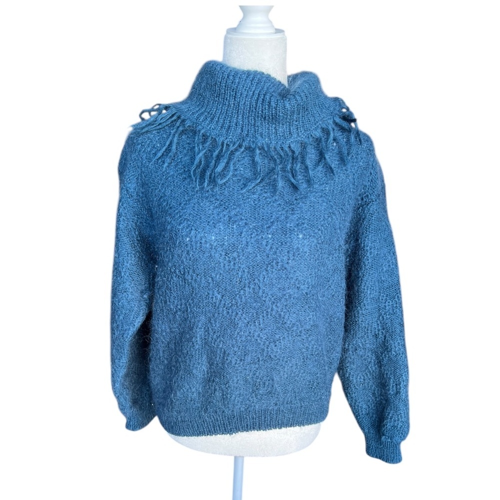 Vintage Moda International Mohair Fringe Turtleneck Sweater | Blue | S